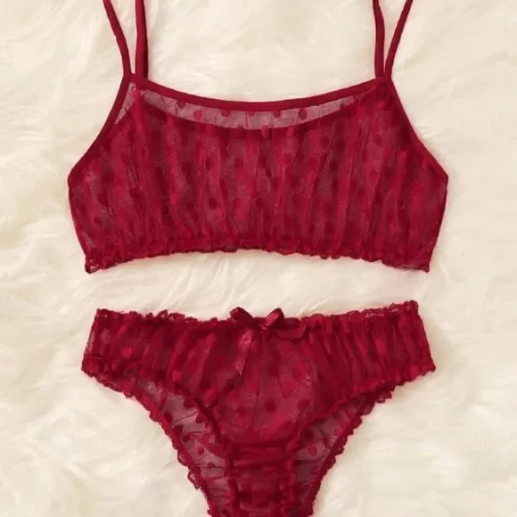 Red Polka Dot Lingerie Set • Mesh Bikini Style Lingerie Outfit - Picture 10 of 11
